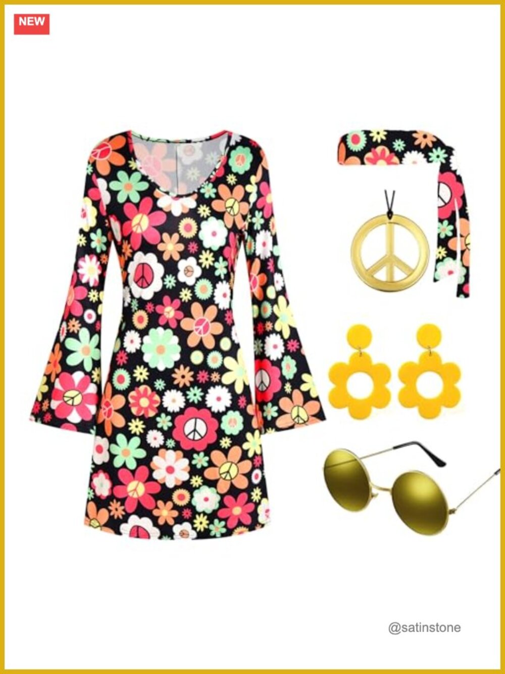 70s Disco Hippie Costume Dress 5 Piece Set Bell Sleeve Cosplay Party